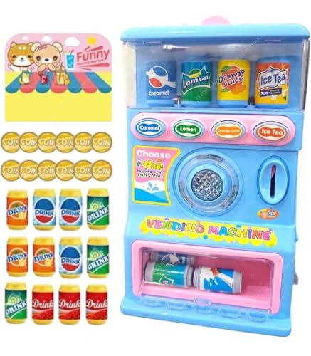 Image of Funny Vending Machine Toy for Kids with Coin Slot, Pretend Play Drink Dispenser, Blue and Pink, Ages 36 Months and Up