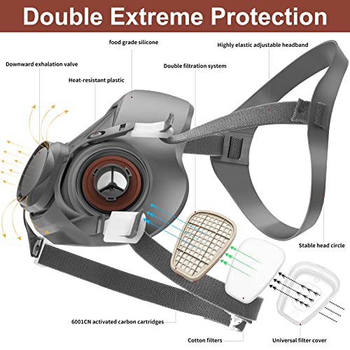 Ranksing Professional 6200 Half Facepiece Reusable Respirator Active Carbon Set With Anti-Fog Safety Goggle 10 Filters 2 Cartridges 2 Earplugs 2 Covers For Dust/Organic Vapors/Smells/Fumes/Sawdust/Asbestos For Painting,Staining,Spraying,Sanding,Cutting,Polising And More (Medium) #TOP1