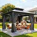 YITAHOME 10X10FT Polycarbonate Gazebo Outdoor Patio Double Top Canopy Galvanized Iron Aluminum Column Garden Tent Curtains Netting for Backyards Decks Lawns,Gray