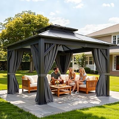 YITAHOME 10X10FT Polycarbonate Gazebo Outdoor Patio Double Top Canopy Galvanized Iron Aluminum Column Garden Tent Curtains Netting for Backyards Decks Lawns,Gray