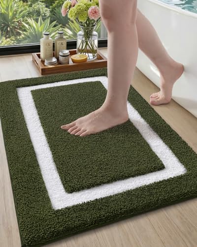 Image of Color&Geometry Green Bathroom Rugs 30x20, Extra Soft Absorbent Microfiber Bath Rugs, Non-Slip Bathroom mat, Washable Plush Bath Mats for Bathroom, Shower, Bathtub, Laundry, Green White