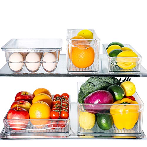 E-Gtong 5 Pack Clear Refrigerator Organizer Set, Plastic Fridge Storage Bins, Clear Freezer