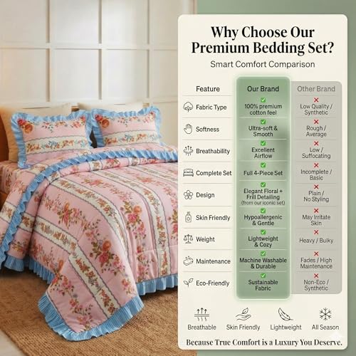 Image of SANMARINO Premium Cotton Double Bed 4 Piece Bedding Set with Frill Border | Comforter with Matching Bedsheet and Pillow | Ultra Soft & Lightweight Quilted Comforter Set |228x228 cm, Rose Garden Pink