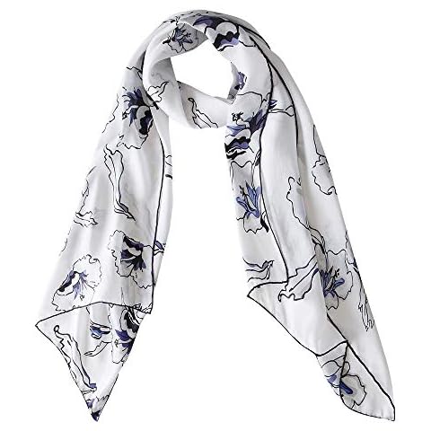 Womens 100% Mulberry Silk Scarf Long Satin Scarves for Autumn and Winter 68 * 19 Inches (White and blue flowers)(Size: L) Cover