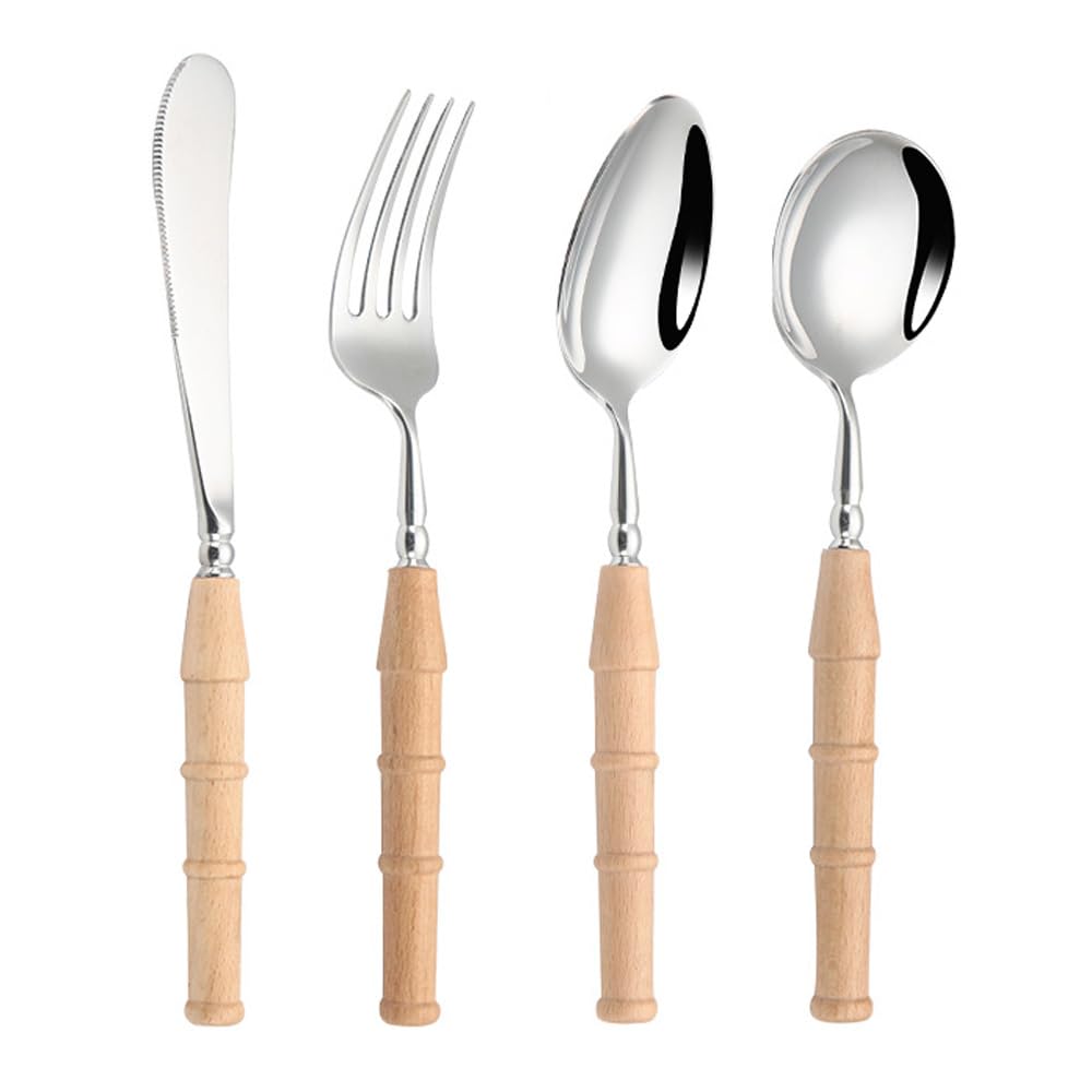 Wooden Handle Kitchen Stainless Steel Silverware Tableware Flatware Cutlery Set Steak Knife Fork Spoon Teaspoon (Light color,4 pieces)