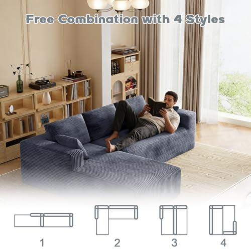 Image of 106 inch Corduroy Sectional Couch, Boneless L Shaped Couch with Deep Seat, Cloud Foam Sofa with Oversized Chaise, Sectional Sofa No Assembly Needed for Living Room