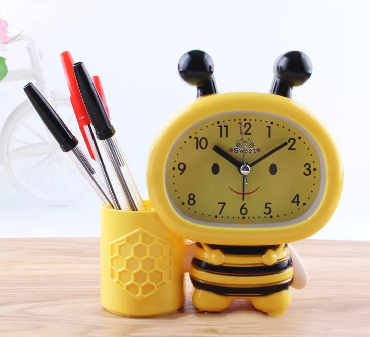 ARTLABEL Plastic Cute Bee Shaped Cartoon Theme Desk Alarm Clock With Pen Stand For Girls & Boys Kids Room Decor (Multicolour, 14 X13 X 4Cm) (Yellow), Analog