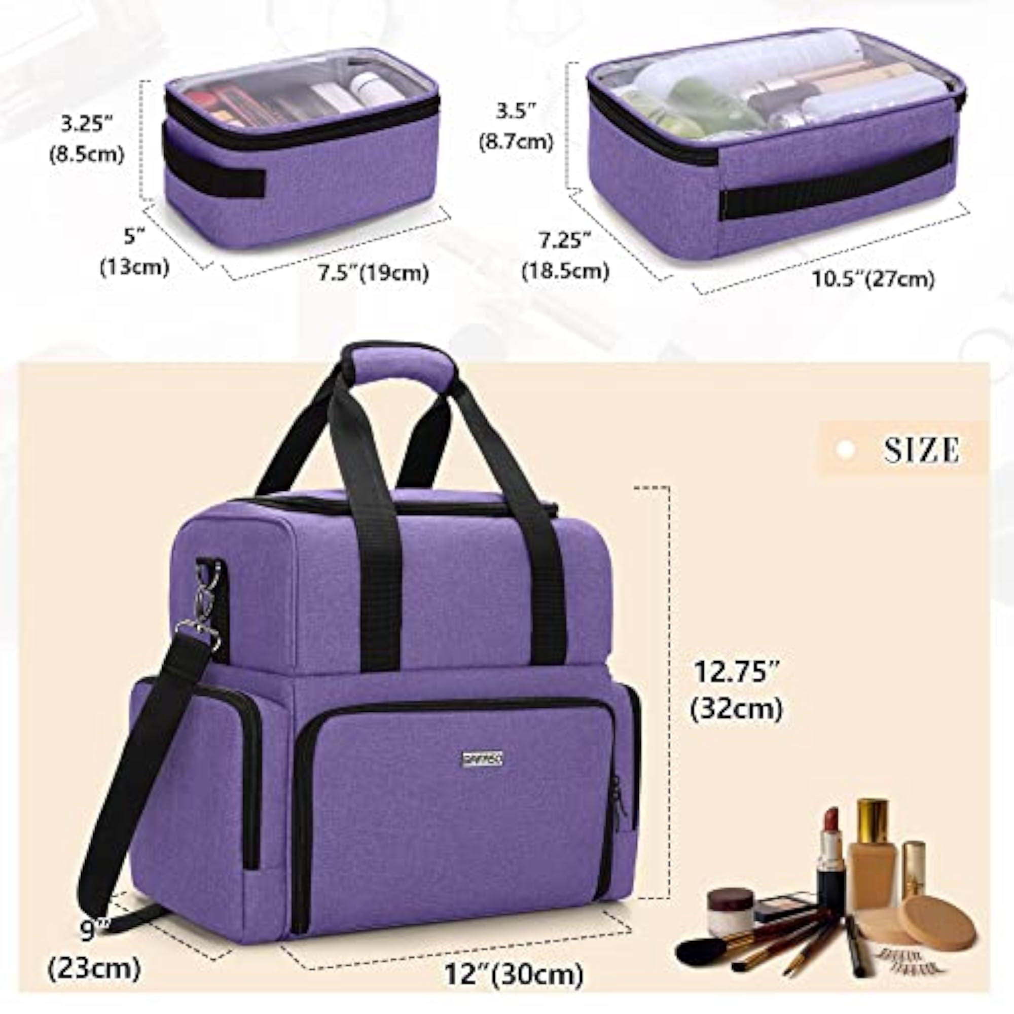 Large Travel Makeup Bag with Removable Pouches, Purple