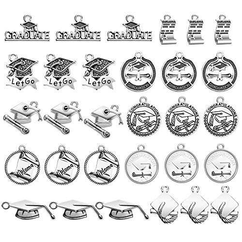 Hicarer 30 Pieces Graduation Charm Pendants College School Graduation Grad Cap with Diploma Charms for DIY Crafting Bracelet Necklace Jewelry Making Accessory