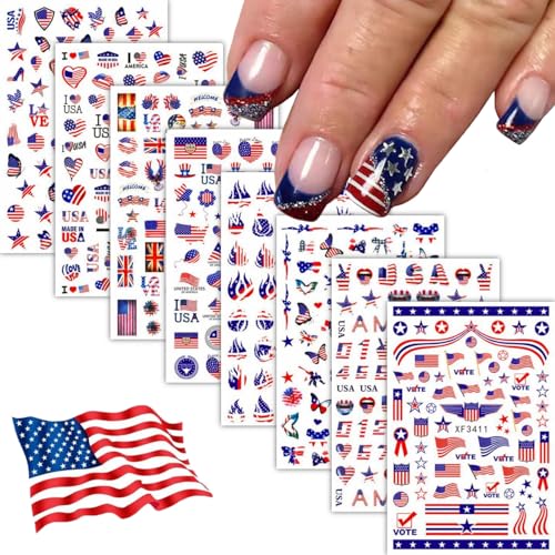 8 Sheets 4th of July Nail Stickers for Nail Art Independence Day Nail Art Stickers 3D Self Adhesive Red Blue White American Flag Nail Decals Flame Butterfly Heart Nail Design for Women Kids