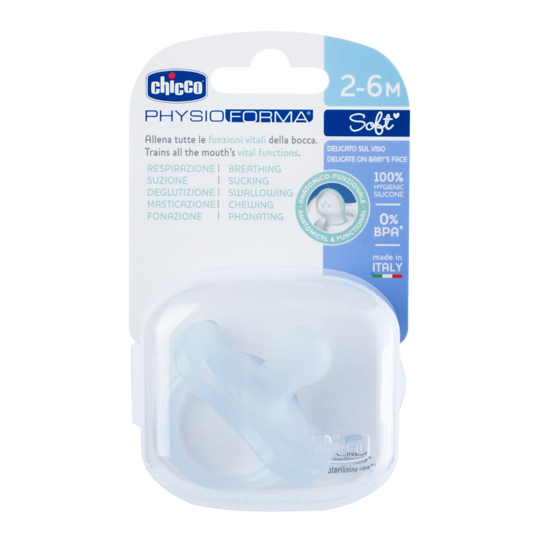 Chicco PhysioForma Soother for Babies (2-6 Months) | Baby Pacifier with Unique Shape to Support Baby's Breathing | Soft Silicon Material | BPA Free (Soft Blue)