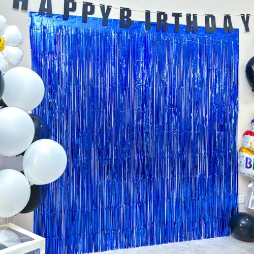Image of 4 Pack Dark Blue Foil Fringe Curtain, 13.2x6.6ft Glitter Tinsel Streamers Backdrop, Photo Backdrop for Birthday, Baby Shower, Summer Party, Graduation | Blue Streamers Party Decorations