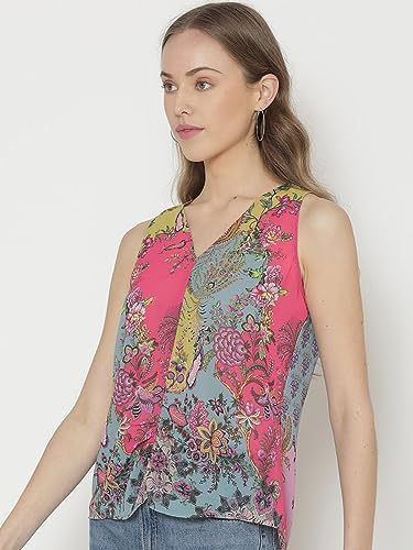 Image of SHAYE Pink Casual Sleeveless V-Neck Floral Printed Georgette Top for Women