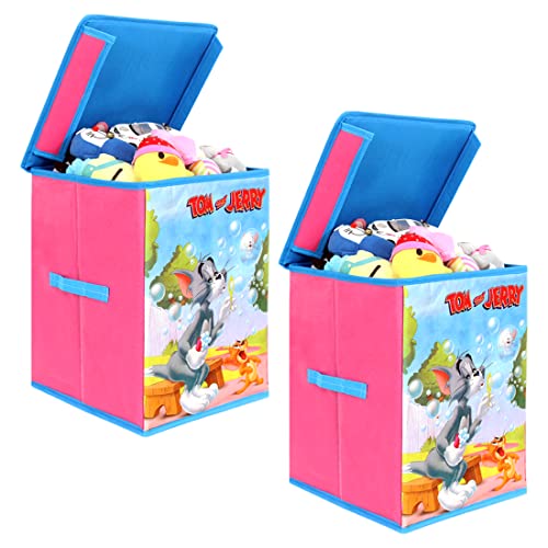 Image of PrettyKrafts Tom and Jerry Kid's Fabric Toys Organizer with Top Lid (Pink, Big) - Set of 2 Pieces