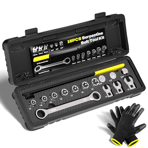 KJE 16PCS Serpentine Belt Tool Kit Universal Ratcheting Serpentine Belt Tensioner Removal and Installation Tool Set with Ratcheting Wrench/Sockets Adapters/Crowfoot Wrenches for Most Vehicle Type