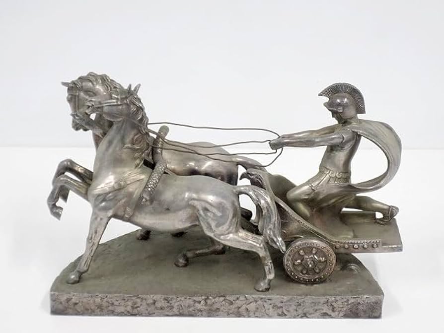 湯布院アンティーク 高級イタリア製 チャリオット 戦闘馬車 置物 ゴールド陶器 オブジェ 置物 戦闘用馬車 チャリオット【ベン・ハー/銀色/金色