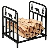 Outsunny Firewood Rack, Indoor Outdoor Firewood Holder, Curved Bottom with Bear and Tree Theme for Fireplace, Wood Stove, Hearth or Fire Pit, Black
