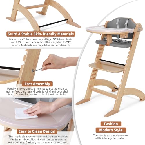 Image of Cowiewie New Upgrade 3-in-1 Convertible Wooden High Chair for Babies & Toddlers 10 Levels Adjustable 3-Tier Remove & 2 Adjustable Wood Tray, 2 Waterproof Cozy Cushions Grey