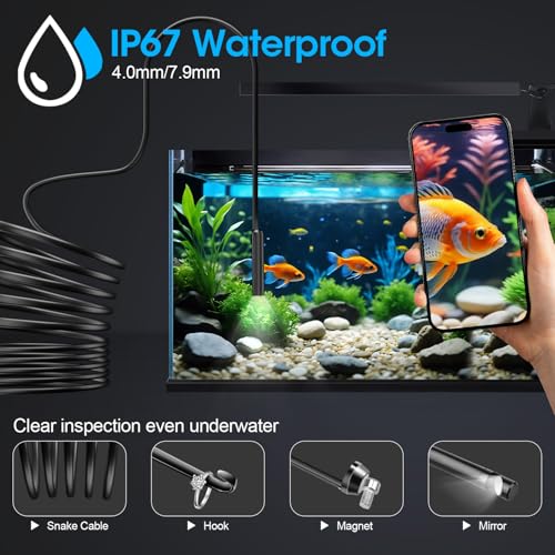 Image of Endoscope with Light, 1920P HD Borescope with 8 Adjustable LED Lights, Semi-Rigid Snake Camera, IP67 Waterproof Inspection Tool for iPhone & Android - 16.4FT-Single Lens (Black)