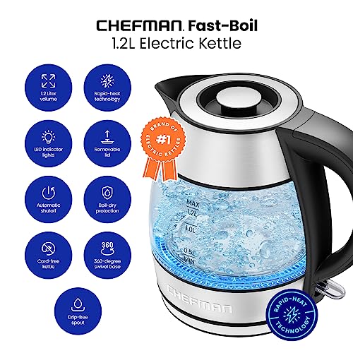 Chefman 1.2L Electric Tea Kettle with LED Lights, Automatic Shut Off, Removable Lid, Boil-Dry Protection, Hot Water Electric Kettle Water Boiler, Electric Kettles for Boiling Water