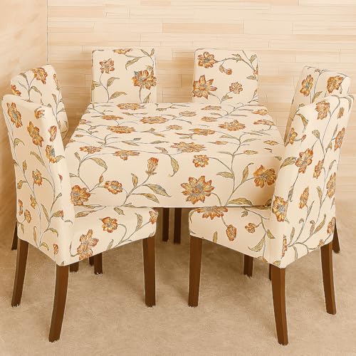 Image of Styleys Dining Chair Cover with Table Covers for Kitchen Waterproof Dining Table Cloth (1 Table Cover + 6 Chair Cover, Beige /Red /Blue Flower, CTSLMC134)