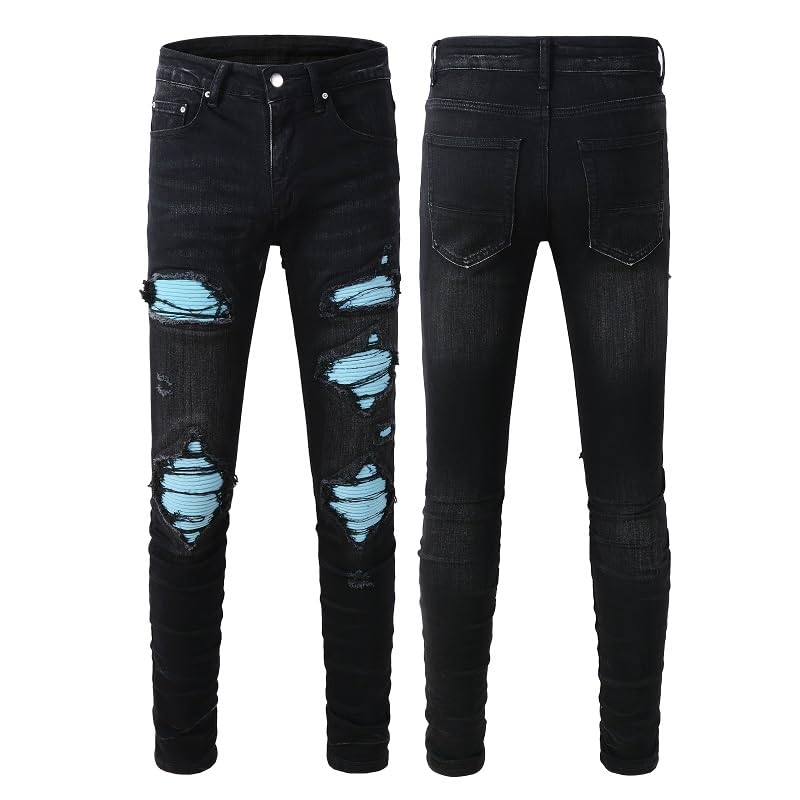Mens Blue Flannel Patchwork Ripped Jeans Skinny Pants Stretch Slim Fit Distressed Trousers