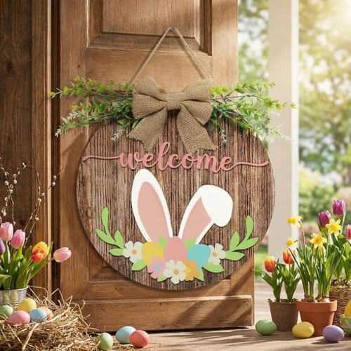 Capoda Easter Welcome Door Sign 3D Wooden Bunny Hanging Sign for Front Door Hanger Decorations with Bow Rabbit Rustic Easter Wood Wreath Wall Spring Holiday Farmhouse Window Home Decor