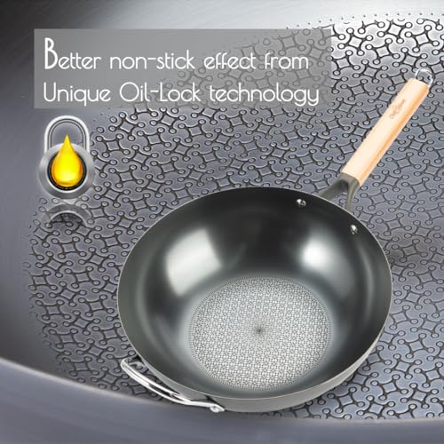 Flat Bottom Carbon Steel Wok, 12.6 inch, Un-coated & Pre-Seasoned, Premium Frying Wok for Electric, Induction, Gas Cooktops, Free Shopping Bag