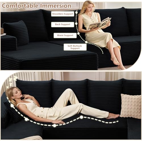 Image of Oversized Modular Sectional Sofa Couch, Large 4 Seater Corner Sofa Modern U Shaped Sectional Couch Cloud Couches for Living Room, Office, Spacious Space, Corduroy, No Assembly Required, Black
