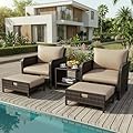 LEVELEVE Patio Conversation Set 5 Piece, Balcony Furniture Outdoor PE Rattan Wicker Lounge Chairs with Soft Cushions, 2 Ottomans & Glass Table for Porch Lawn, Brown (Khaki Cushions