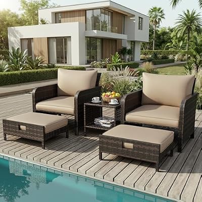 LEVELEVE Patio Conversation Set 5 Piece, Balcony Furniture Outdoor PE Rattan Wicker Lounge Chairs with Soft Cushions, 2 Ottomans & Glass Table for Porch Lawn, Brown (Khaki Cushions