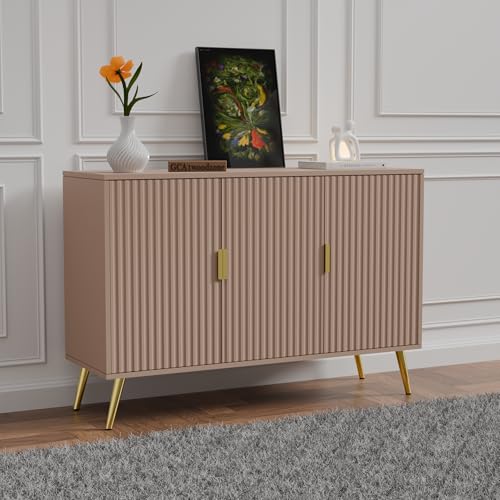 Image of Wooden Sideboard Cabinet for Living Room | Side Board with 3 Doors Cabinet Storage for Dining, Drawing and Home Office | HDMR Premium Wood & Iron, Taupe & Golden