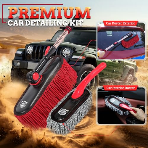 Image of Exterior Car Duster & Brush Kit - Extendable，Wax Cotton | Telescoping auto mop traps pollen scratch-free. Combo with inside detailing tools & bag. Gift for SUV, truck, motorcycle.