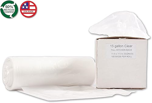 Miniatura 7 de Resilia Tall 15 Gallon Trash Bags - Clear Recycling 100 BagsRoll, 1 Mil Thick, 24x33 inches (WxH), Wire Ties Included, MADE IN USA