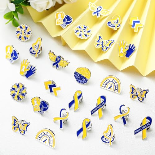 Image of Landical 60 Pcs Down Syndrome Awareness Pins Bulk Blue and Yellow Ribbon Awareness Enamel Lapel Pin World Down Syndrome Day Items Accessories for Social Public Charity Campaign Supplies, 12 Styles
