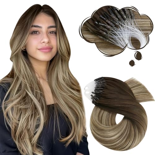 Image of Moresoo Microlink Hair Extensions Human Hair, Brown Bleach Blonde, 14 Inch | 50g 50 strands, no heat no glue, bleach blonde highlights, fine hair, natural brunette blend, everyday styling