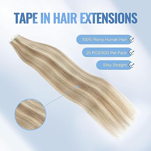 Image of Sixstarhair Invisible Tape In Hair Extensions Real Human Hair Light Brown Highlights with Ash Blonde Remy Tape Hair Extensions for Woman 20 Pieces 50g[Color #P8-60 16 inch]