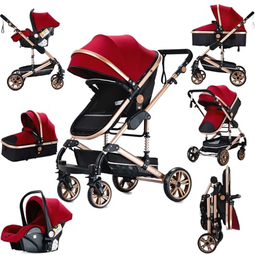 Sianldcone Carrito Bebe 3 en 1, Tejidos de Primera Calidad Carro Bebe 3 Piezas, Empuje Bidireccional Carros Para Bebes, Visión Abierta Silla Paseo Reversible (739 Red)