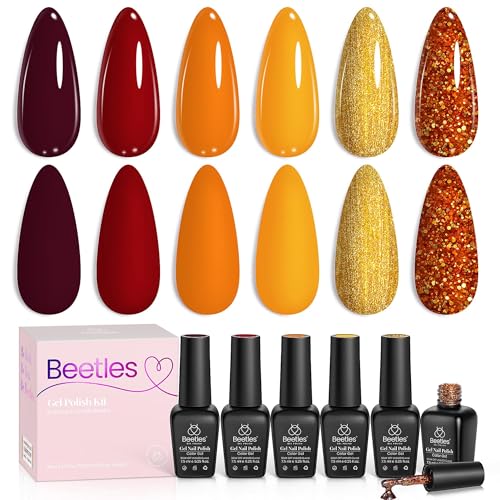 Image of Beetles Gel Nail Polish Set 6 Colors Gel Polish Red Orange Brown Gold Glitter Kit DIY Home Nail Art Manicure Kits UV LED Needed Gifts for Women Golden Blessing