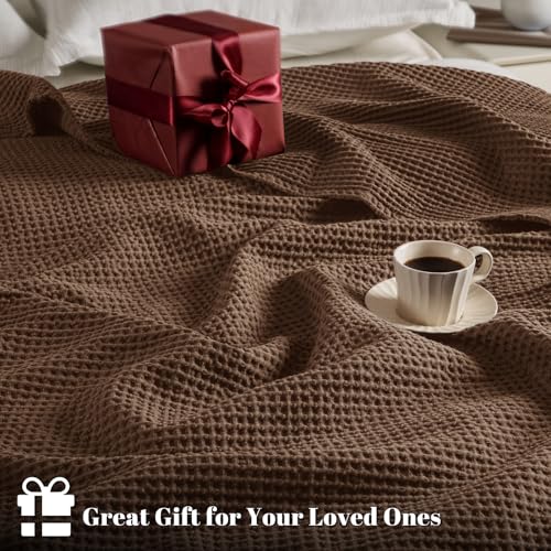 Image of PHF 100% Cotton Waffle Blanket Lightweight Breathable, Queen, Cappuccino | Pre-washed Soft Cozy Summer Throw for Hot Sleepers, Textured Decorative Layer for Bed Couch Sofa Guest Room, Giftable