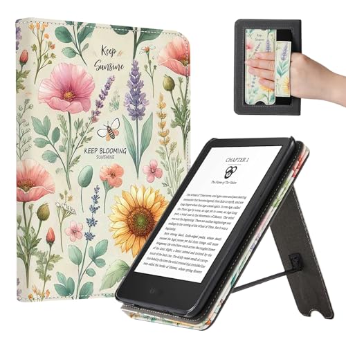 Image of CoBak Case for 6 inch E-Reader - PU Leather Smart Cover with Auto Sleep /Wake & Hand Strap, not Compatible with Kobo Clara,Sunshine Garden