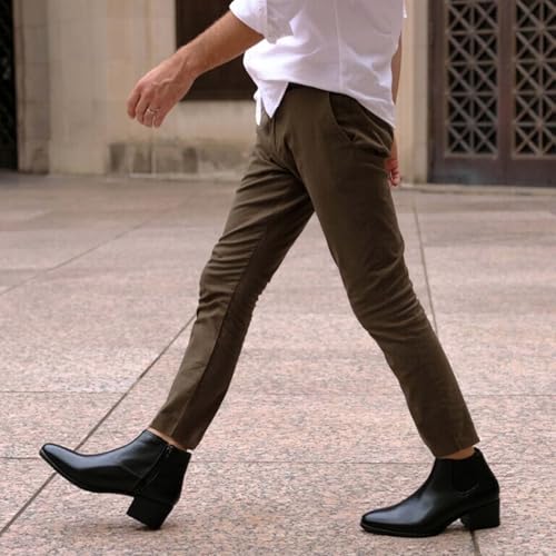Men'S Classic Leather Chunky Heel Chelsea Boots With Side Zipper Fashion Pointed Toe Elastic Band High Top Block High Heel Formal Chukka Booties For Casual Business Party Wedding4