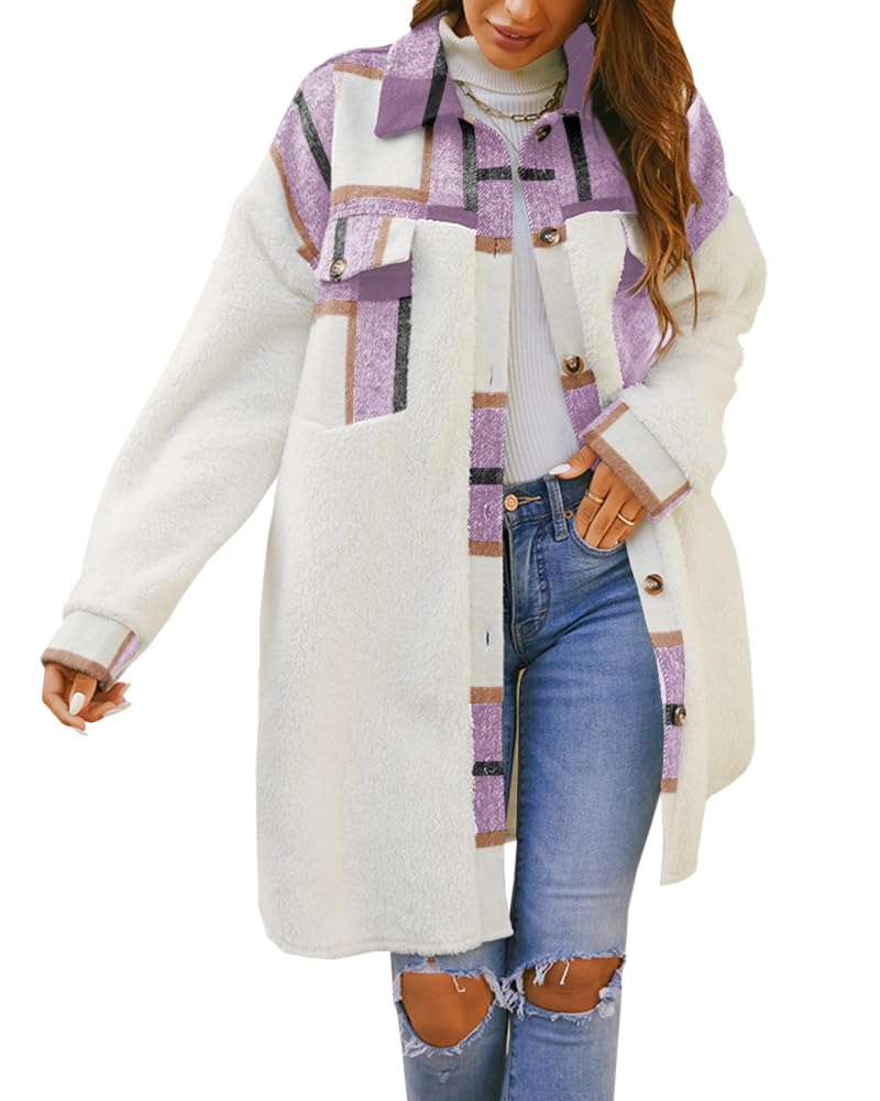 fshaoes Womens 2023 Winter Coats Fuzzy Fleece Long Jackets Plaid Shacket Button Down Shirts Lightweight Outwear Cardigan-picture-42