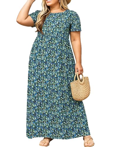 Image of Kancystore Women's Plus Size Maxi Dress with Pockets Summer Dresses XL-5X | Plus Size High Waisted Long Length Beach Dress, Empire Waist Round Neck Casual Dress, Solid Striped Floral Tie Dye Colors