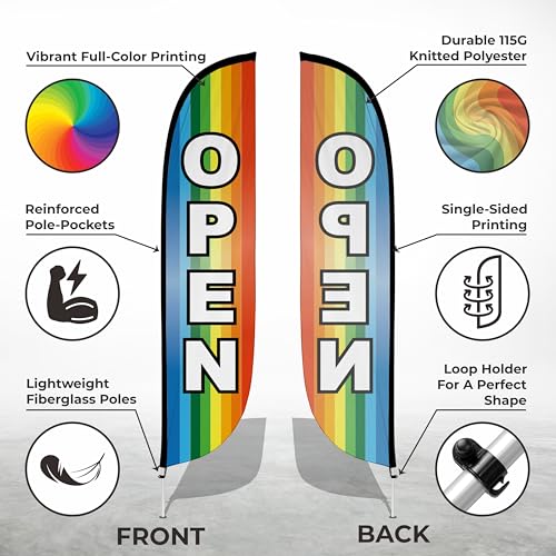 Image of LookOurWay Feather Flag Pole Kit - 12 Feet Tall Advertising Flag Banner with Fiberglass Pole Kit and Ground Spike for Business Promotion - Grand Opening Flags - Open Rainbow (10M1200272)