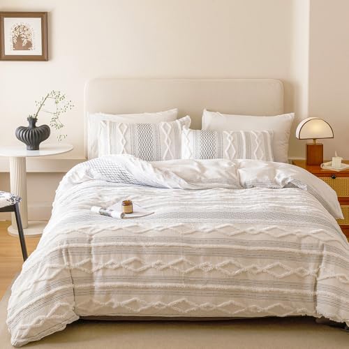 CLOTHKNOW White Black Comforter Set Full Size Jacquard Clipped Bedding Sets Bohemian Bedding Comforter Sets, Soft Farmhouse All Season Quilt Blanket