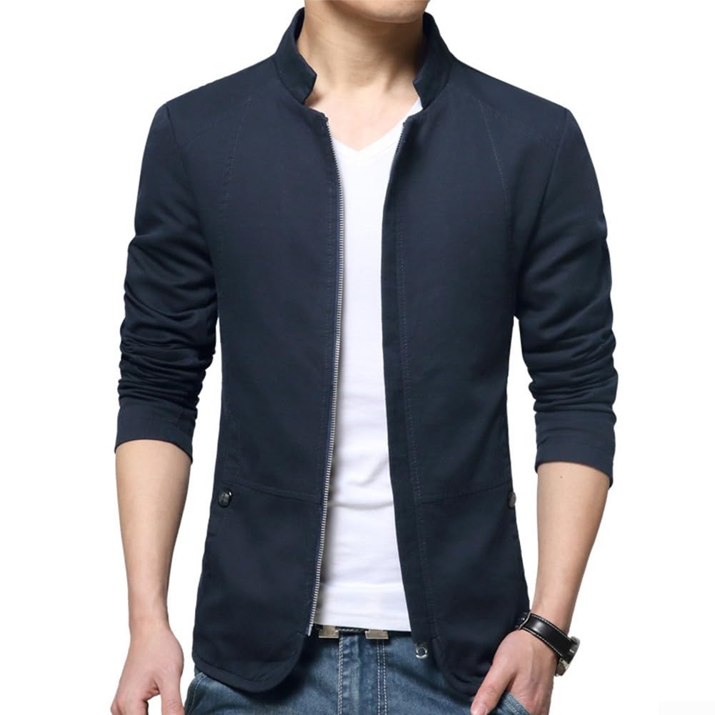 Chaqueta de traje formal con cremallera para negocios, con cuello, chaqueta casual para hombre (talla L, azul marino)