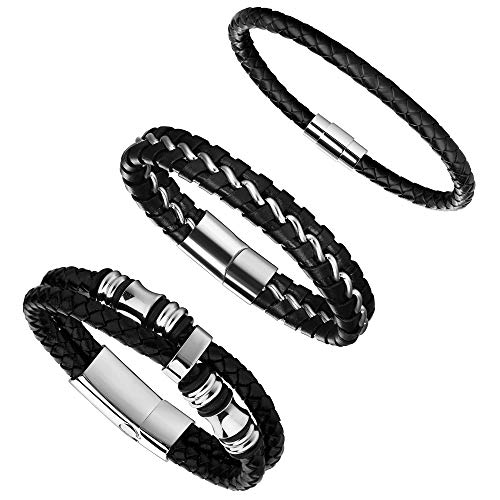 Jstyle 3Pcs Stainless Steel Braided Leather Bracelet For Men Women Leather Wrist Band Cuff Bangle Bracelet Clasp 7.5-8.5 Inches #TOP3