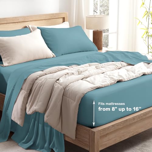 Image of Andency Grayish Teal Queen Sheets Set 100% Viscose Derived from Bamboo | Cooling Summer Sheets, Deep Pocket Up to 16 inch, Silky Soft Hotel Luxury Breathable Bedding Sheets & Pillowcases