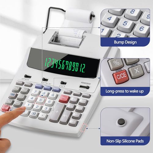 VUSIGN 12-Digit Desktop Printing Calculator with Tape Print Out, Adding Machine with Fluorescent Display, 10 Key Calculator with Clock and Calendar, Accounting Business Finance - Image 6